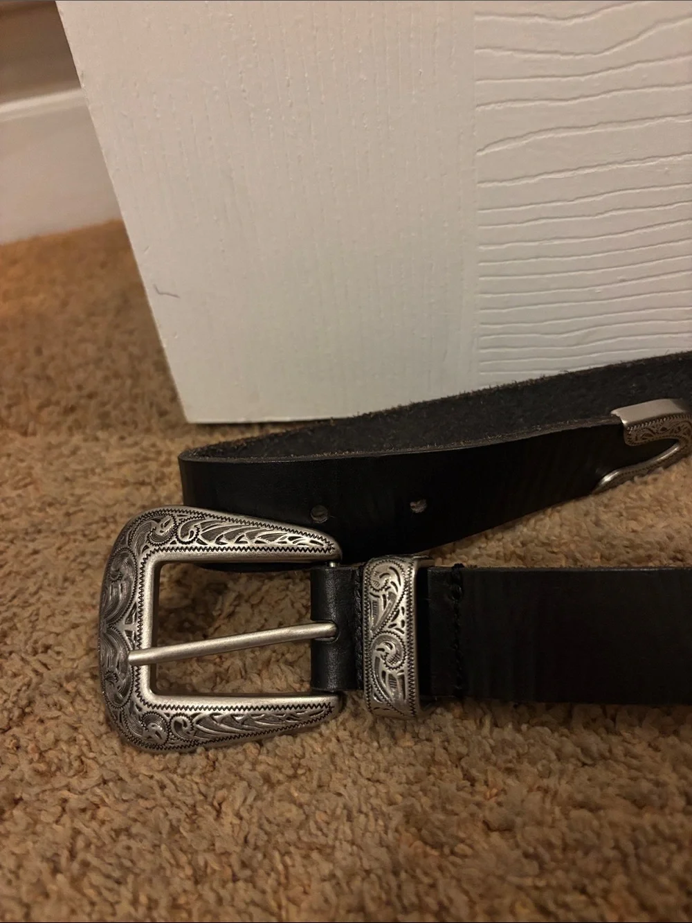 Urban Outfitters Black Leather Belt with Ornate Silver Buckle